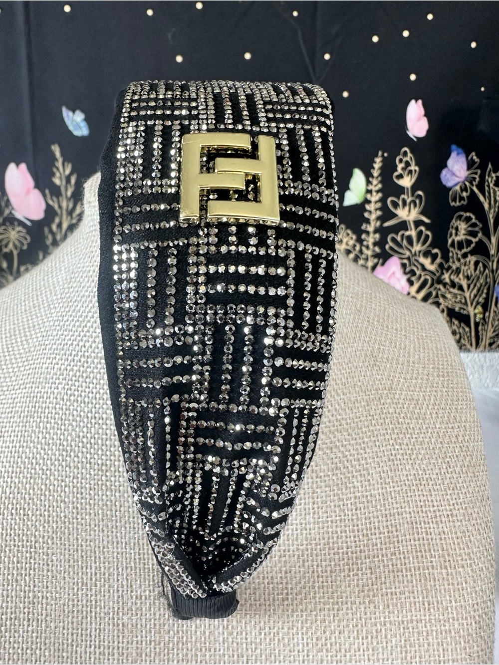 Fashion Luxury Embellished Black Crystal Headband with Gold Accent